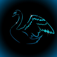 Obraz premium Beautiful multicolored abstract silhouette of a swan. One line drawing. Blue swan on a black background. Vector illustration