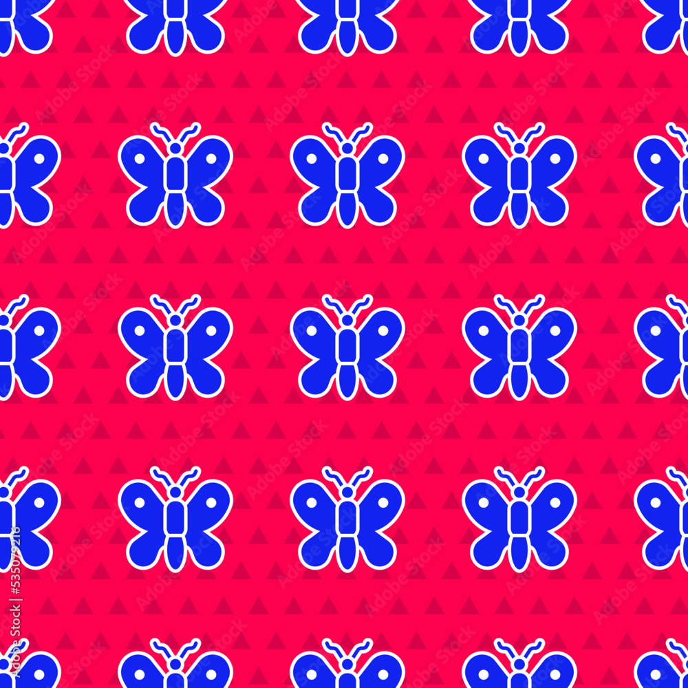 Poster blue butterfly icon isolated seamless pattern on red background. vector