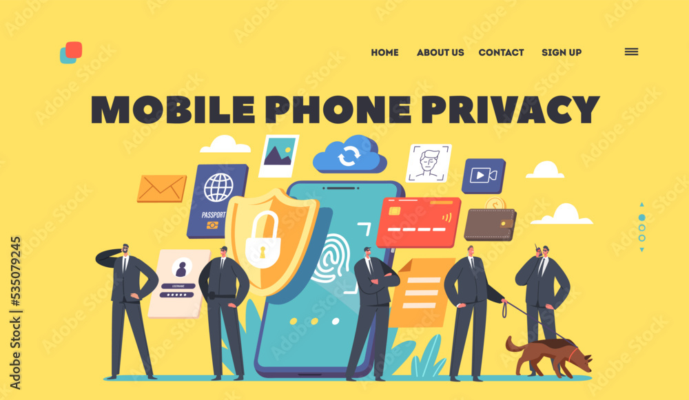 Poster mobile data privacy in internet landing page template. tiny safeguards characters with shepherd dog 
