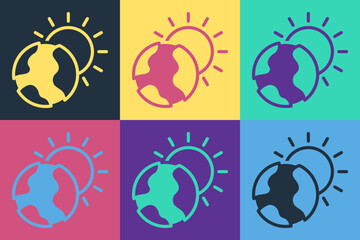 Pop art Planet earth melting to global warming icon isolated on color background. Ecological problems and solutions - thermometer. Vector