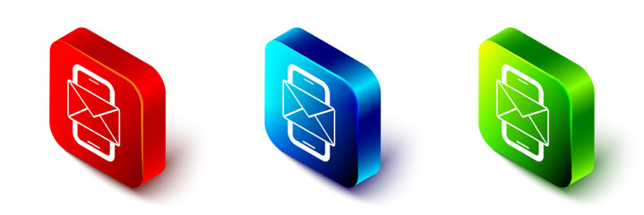 Isometric Mobile and envelope, new message, mail icon isolated on white background. Usage for e-mail newsletters, headers, blog posts. Red, blue and green square button. Vector