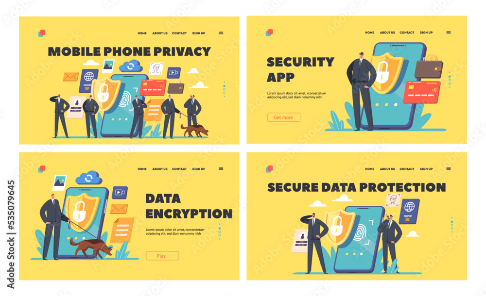 Poster mobile data privacy in internet landing page template set. safeguards characters with shepherd dog a