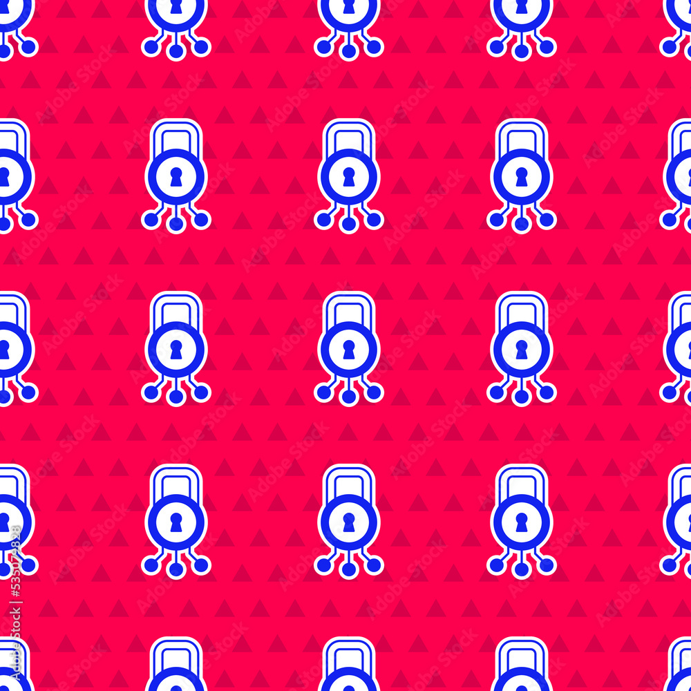Poster blue cyber security icon isolated seamless pattern on red background. closed padlock on digital circ
