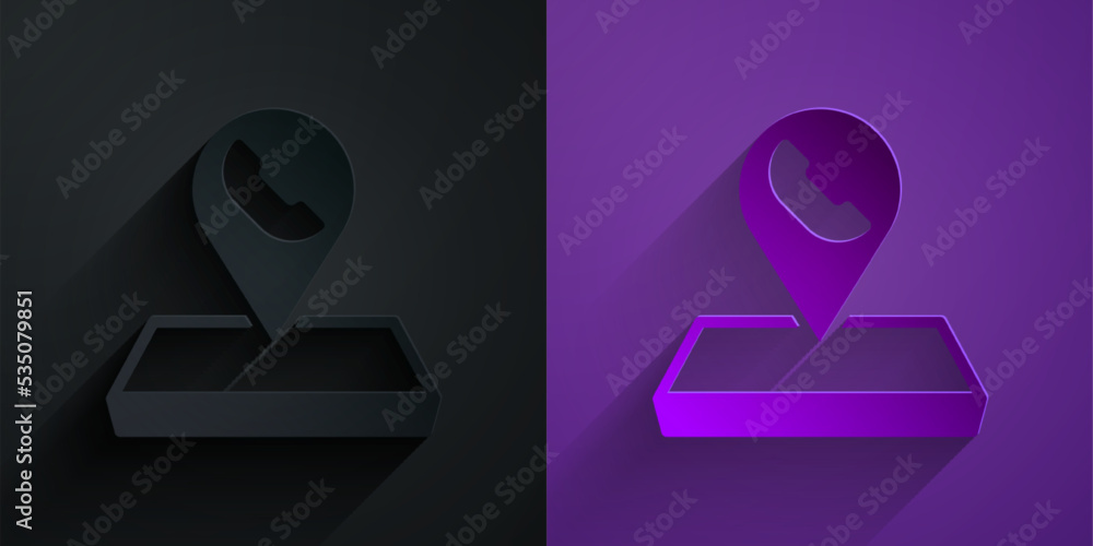 Poster paper cut map pointer with telephone or communication icon isolated on black on purple background. c