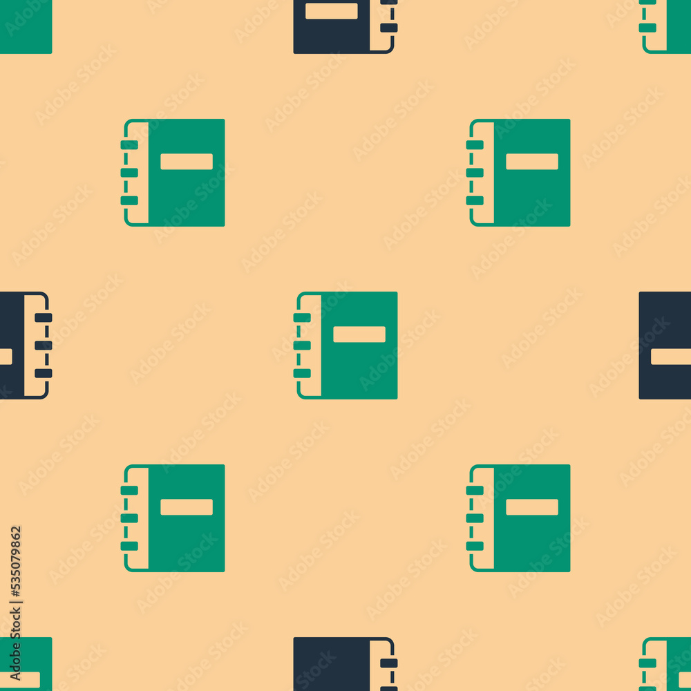 Poster green and black notebook icon isolated seamless pattern on beige background. spiral notepad icon. sc