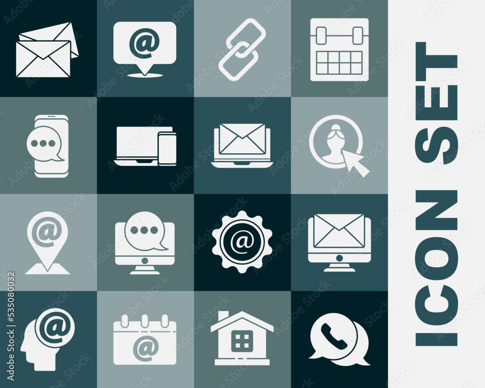 Poster set telephone with speech bubble chat, monitor and envelope, create account screen, chain link, chat