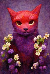 Drawing of a red cat in flowers