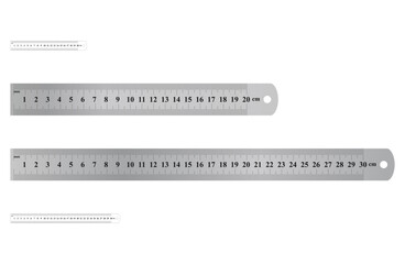 Stainless steel metal rulers 20-30 cm. Metric precision double sided measuring instrument. Realistic scale ruler vector illustrations. 