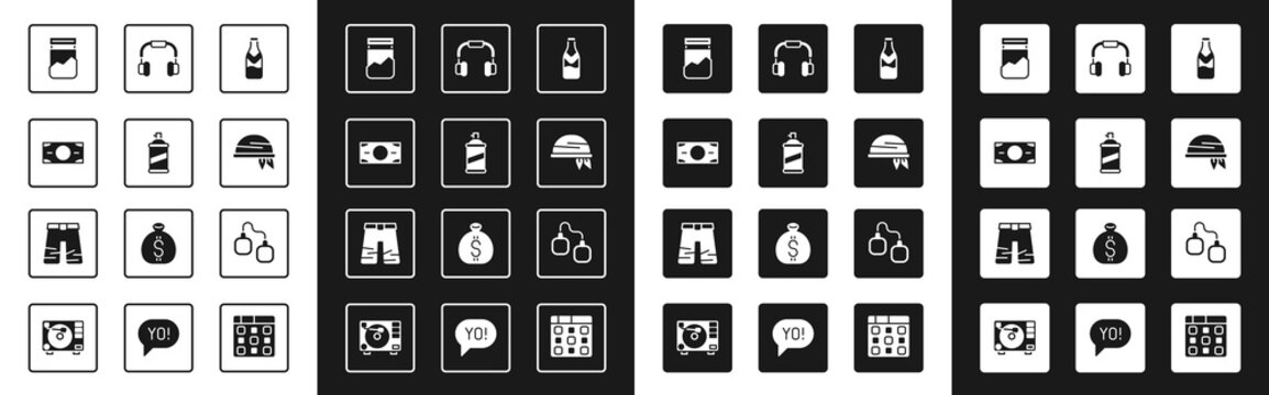 Set Beer Bottle, Paint Spray Can, Stacks Paper Money Cash, Plastic Bag Of Drug, Bandana, Headphones, Handcuffs And Wide Pants Icon. Vector