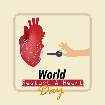 world restart a heart day abstract vector illustration poster and banner design, human heart with key switch and hand of person typography and square frame background