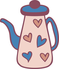 Hand drawn tea pot with hearts doodle illustration for decor and design.
