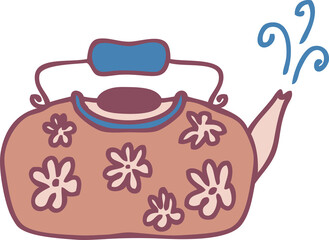 Hand drawn tea pot with flowers doodle illustration for decor and design.
