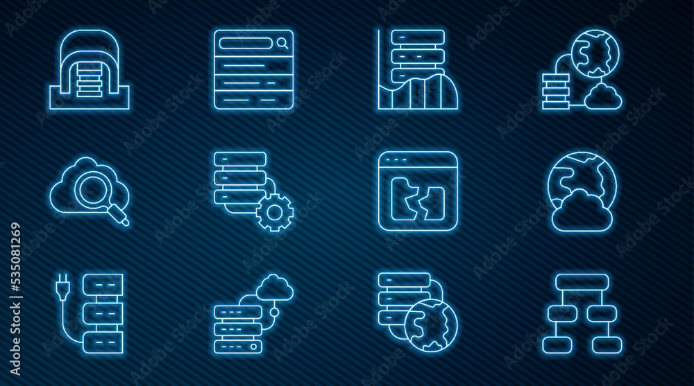 Aufkleber set line hierarchy organogram chart, social network, server, data, web hosting, and gear, search clo