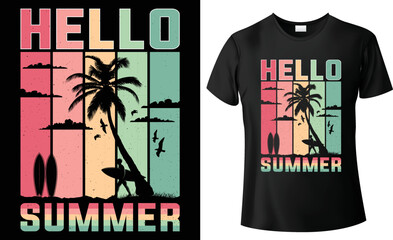 Hello Summer retro vintage colorful t-shirt graphic design, vector, illustration stylish trendy tee for print