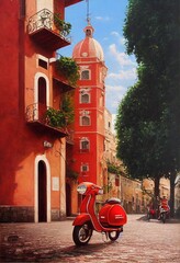 Oil painting - a moped on the streets of Italy - 3D Illustration