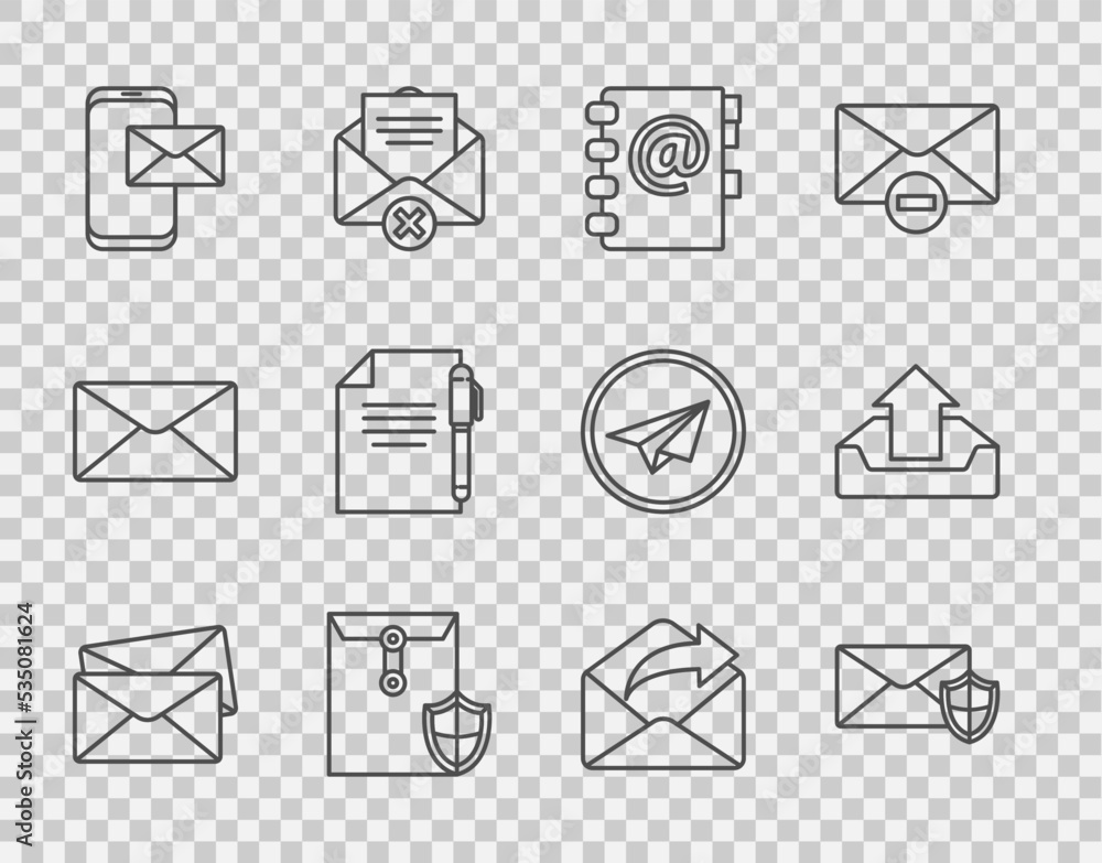 Poster set line envelope, with shield, address book, mobile and envelope, document pen, outgoing mail and u
