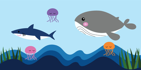 animals swimming in ocean. whale, dolphin, jellyfish, shark  vector  illustration