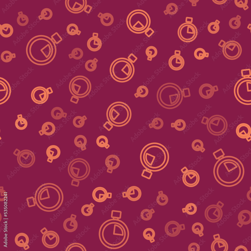 Poster brown line stopwatch icon isolated seamless pattern on red background. time timer sign. chronometer 