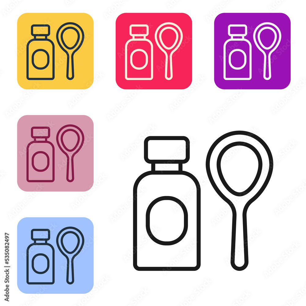 Poster black line soap bubbles bottle icon isolated on white background. blowing bubbles soap wand bottle. 