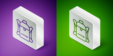 Isometric line Hiking backpack icon isolated on purple and green background. Camping and mountain exploring backpack. Silver square button. Vector