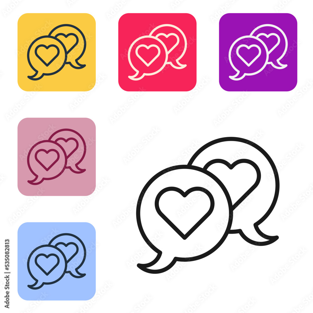 Poster black line heart in speech bubble icon isolated on white background. happy valentines day. set icons