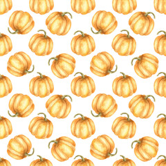 Autumn pumpkin seamless pattern. Orange fall pumpkin harvest ornament on white background.