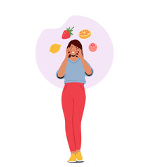 Woman Having Food Allergy Symptom to Citrus and Berry Products. Female Character Got Red Spots On Face due to Reaction