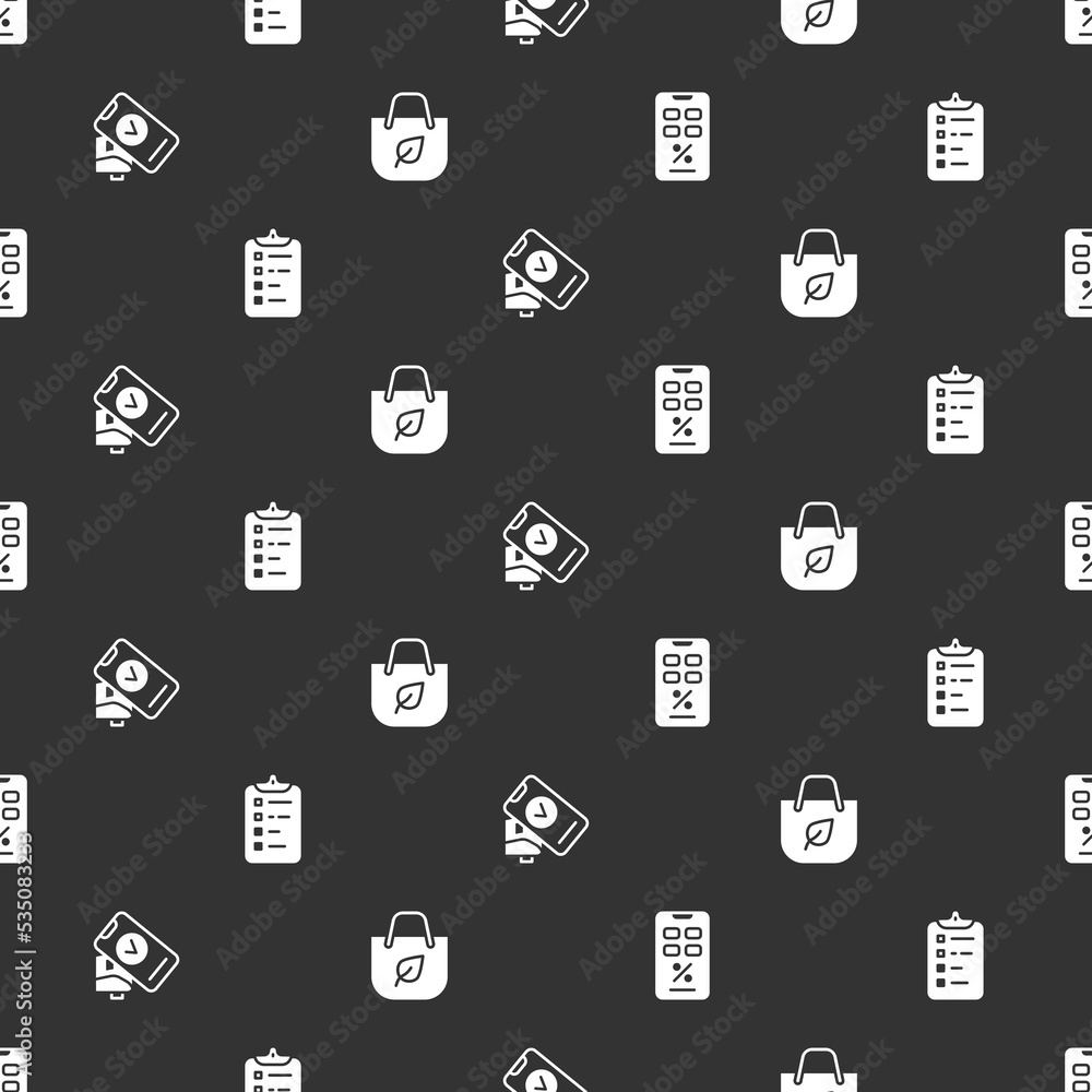 Poster set percent discount and mobile, shopping list, pos terminal and bag with recycle on seamless patter