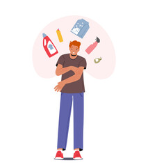 Male Character With Allergy On Different Detergent Types Scratch Skin Isolated On White Background. Immunology Disease