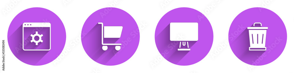 Poster set browser setting, shopping cart, computer monitor and trash can icon with long shadow. vector