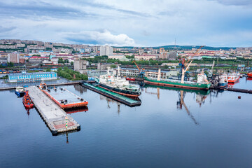 Murmansk, Russia - June 13, 2021: Panoramic aerial view of the port of Murmansk, ships and ship...