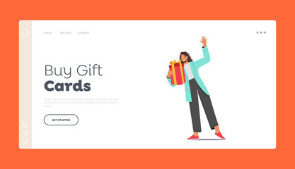 Buy Gift Cards Landing Page Template. Female Character with Gift Box Waving Hand. Woman Buying Presents at Festive Sale