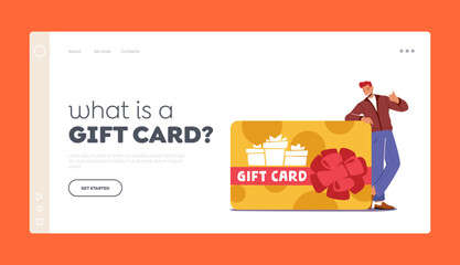 Customers Loyalty Program Landing Page Template. Man Buyer Stand near Huge Gift Card Showing Thumb Up, Consumerism