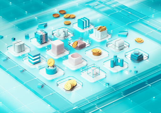 Cryptocurrency and blockchain. 3D rendered illustration.