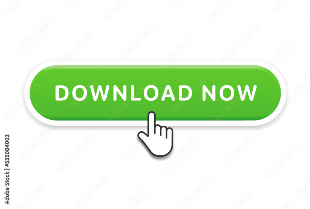 Aufkleber 3d download now green button with hand cursor. Save cloud icon button hand pointer clicking. Click here banner with shadow. Click push button isolated. Online shopping.