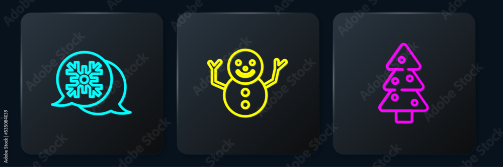 Aufkleber set line snowflake speech bubble, christmas tree and snowman. black square button. vector