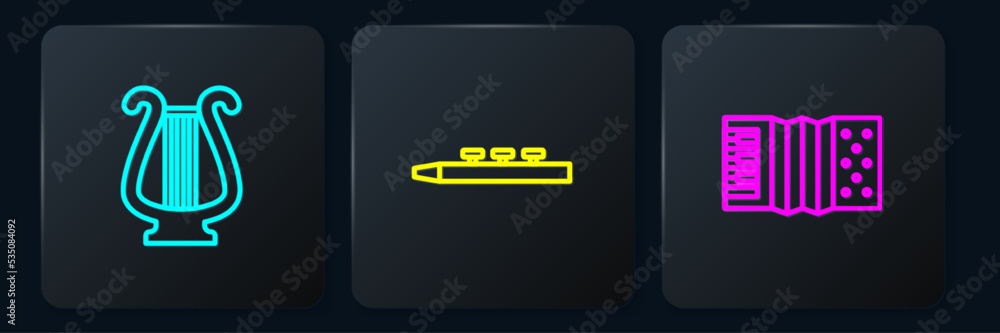 Poster set line ancient lyre, accordion and drum and drum sticks. black square button. vector