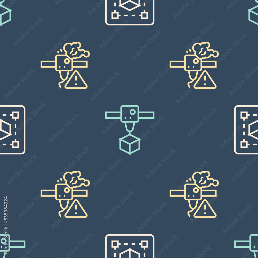 Poster set line geometric figure cube, 3d printer warning and cube on seamless pattern. vector
