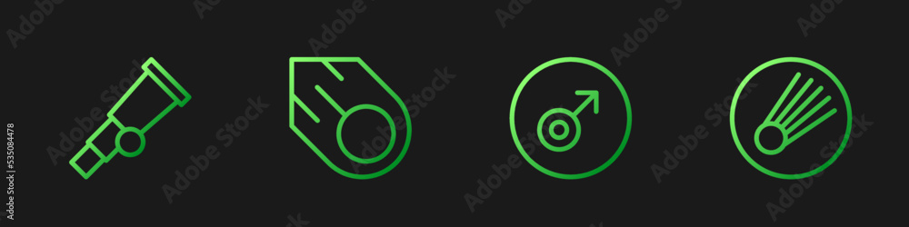Poster set line mars symbol, telescope, comet and . gradient color icons. vector