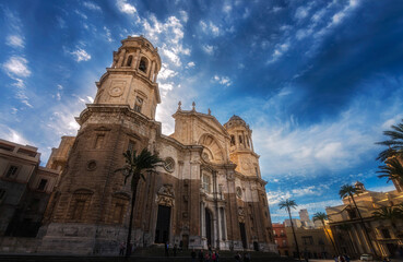 Cadiz cathedral of andalucia travel destination with cloudy blue sky on background