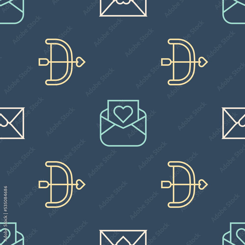 Poster set line envelope with valentine heart, bow and arrow and on seamless pattern. vector