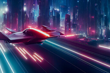 Sci fi cityscape. High speed futuristic cars. Cyberpunk digital illustration. 