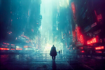 Cyberpunk facing a dystopian city. Digital illustration sci fi cityscape. - obrazy, fototapety, plakaty