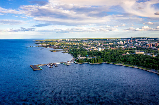 Aerial panorama of the embankment of Petrozavodsk., Russia, the administrative center of Republic of Karelia. Sunset on Lake Onega
