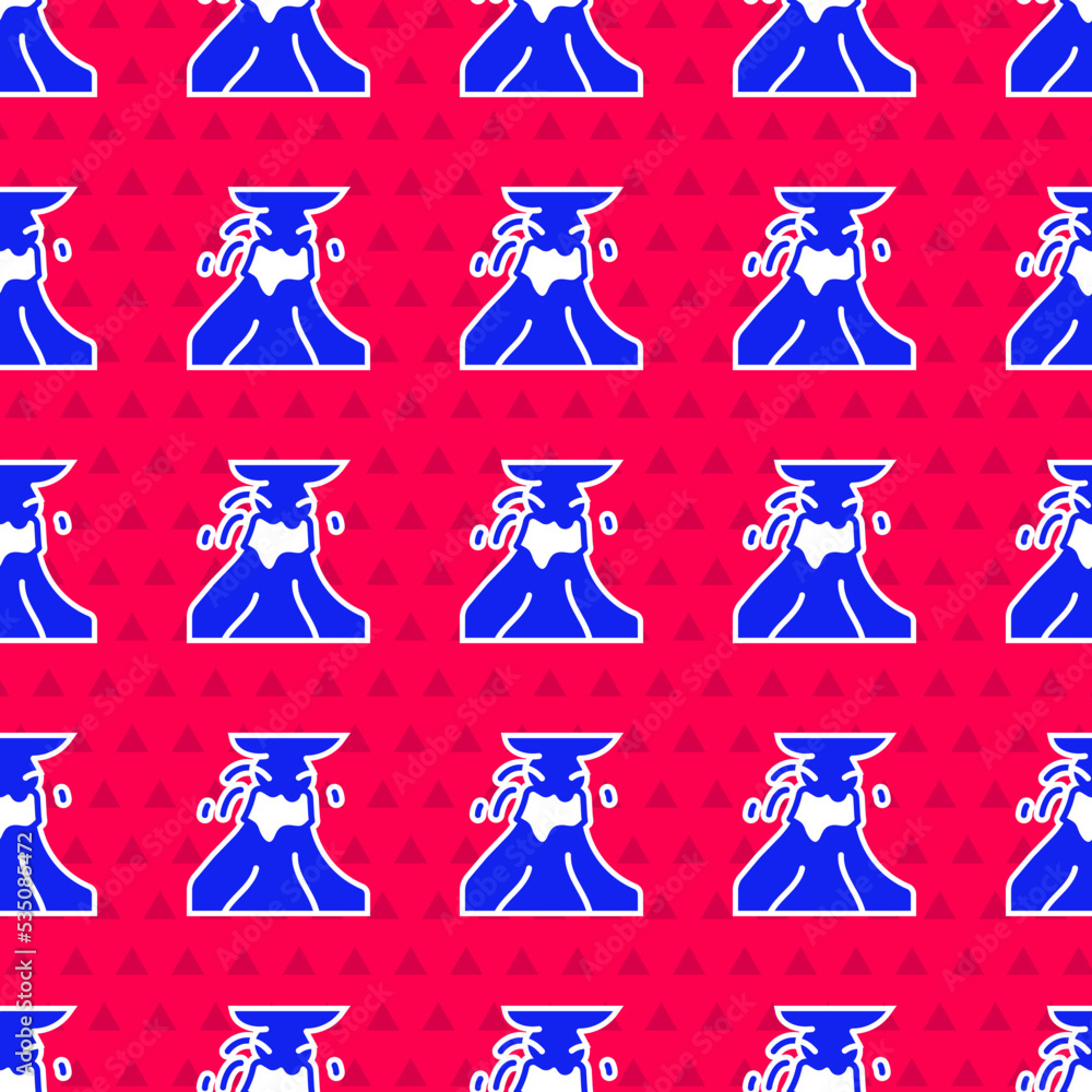 Poster blue volcano eruption with lava icon isolated seamless pattern on red background. vector