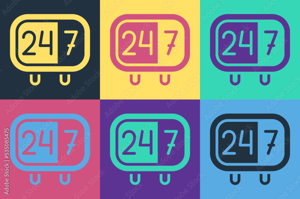 Poster pop art clock 24 hours icon isolated on color background. all day cyclic icon. 24 hours service symb