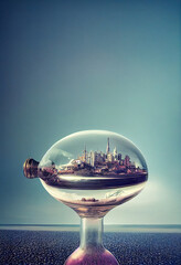 City in a bottle, digital illustration.