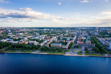 Aerial panorama of the embankment of Petrozavodsk., Russia, the administrative center of Republic of Karelia. Sunset on Lake Onega