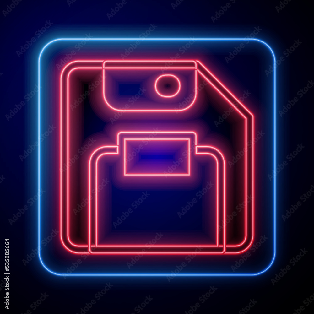 Poster glowing neon floppy disk for computer data storage icon isolated on black background. diskette sign.