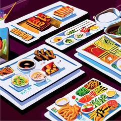 Asian food engraved on the table. Noodle dishes at the top of the view. Food menu design with cooked noodles. vector illustration. Asian cuisine menu. Food from national cuisine on the table.